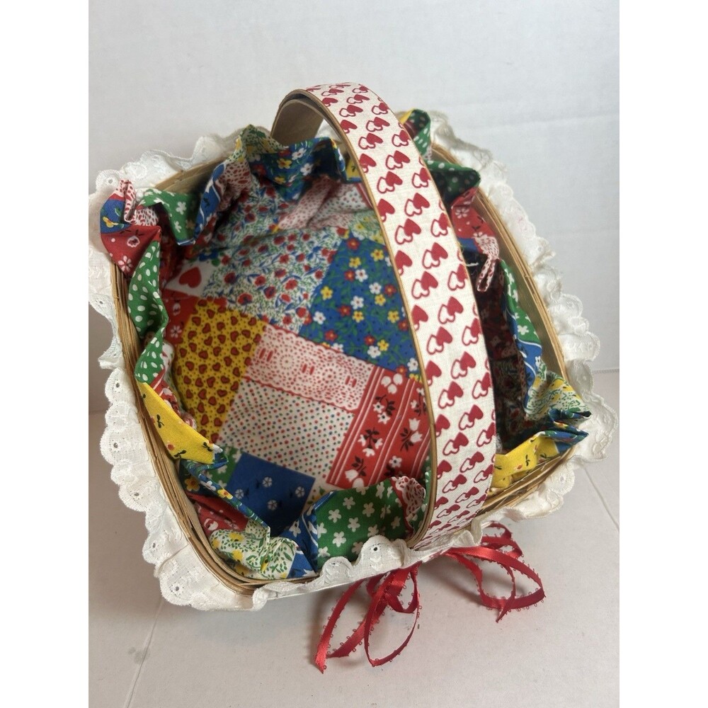 Woven Basket Fabric Cushioned Liner Heart Trim 7.5” Farmhouse Grannycore Decor - Picture 14 of 16